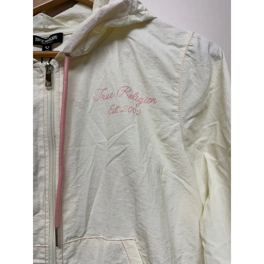 True Religion Lightweight Women's Windbreaker Jacket Cream Logo Hooded Sz L NWT